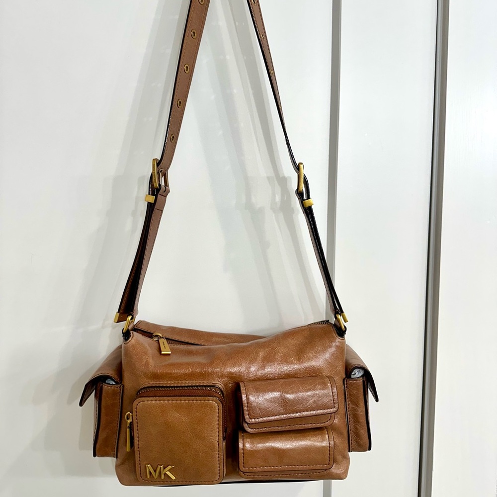 Michael Kors Tan Leather Multi-Pocket Shoulder Bag with Gold Hardware